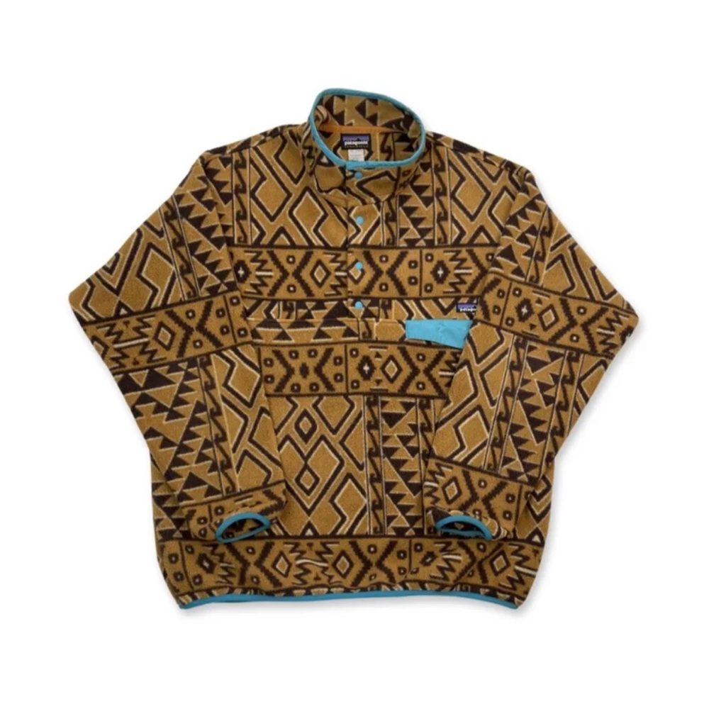 Patagonia Synchilla Snap-T Tan Brown Teal Tribal Aztec Fleece Pullover Size XL
